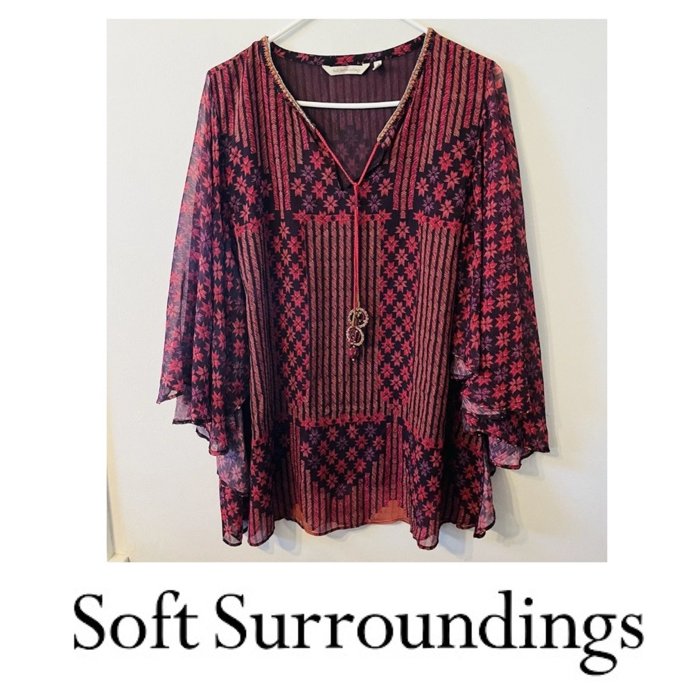 Soft Surroundings Boho Poncho Beaded Top with bell Sleeves in Size XL